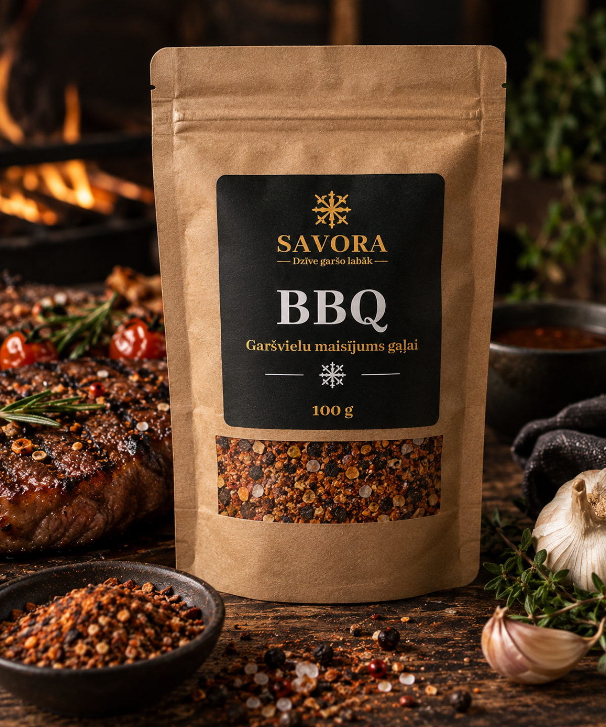 A 100g bag of Savora BBQ seasoning mix stands on a rustic wooden table surrounded by cooked meat, garlic, herbs, and bowls of seasoning, with a warm fire in the background.