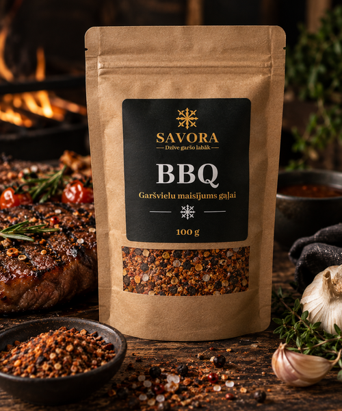 A 100g bag of Savora BBQ seasoning mix stands on a rustic wooden table surrounded by cooked meat, garlic, herbs, and bowls of seasoning, with a warm fire in the background.